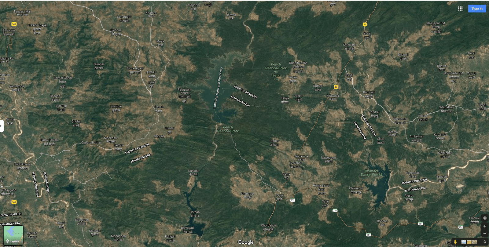 Google map representation of Pench National Park spread over states of Maharashtra and Madhya Pradesh